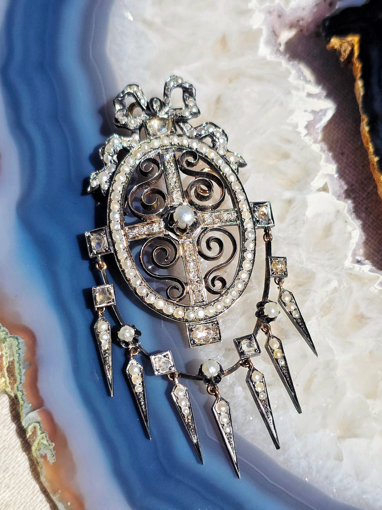 18k Gold & Silver Antique Rose-cut Diamond Pearl Statement Pendant with Tassel Spikes | Indulgems