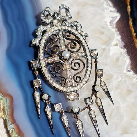 18k Gold & Silver Antique Rose-cut Diamond Pearl Statement Pendant with Tassel Spikes | Indulgems