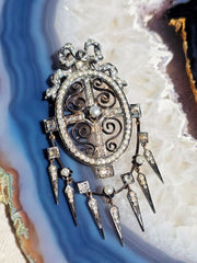 18k Gold & Silver Antique Rose-cut Diamond Pearl Statement Pendant with Tassel Spikes | Indulgems
