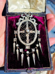 18k Gold & Silver Antique Rose-cut Diamond Pearl Statement Pendant with Tassel Spikes | Indulgems