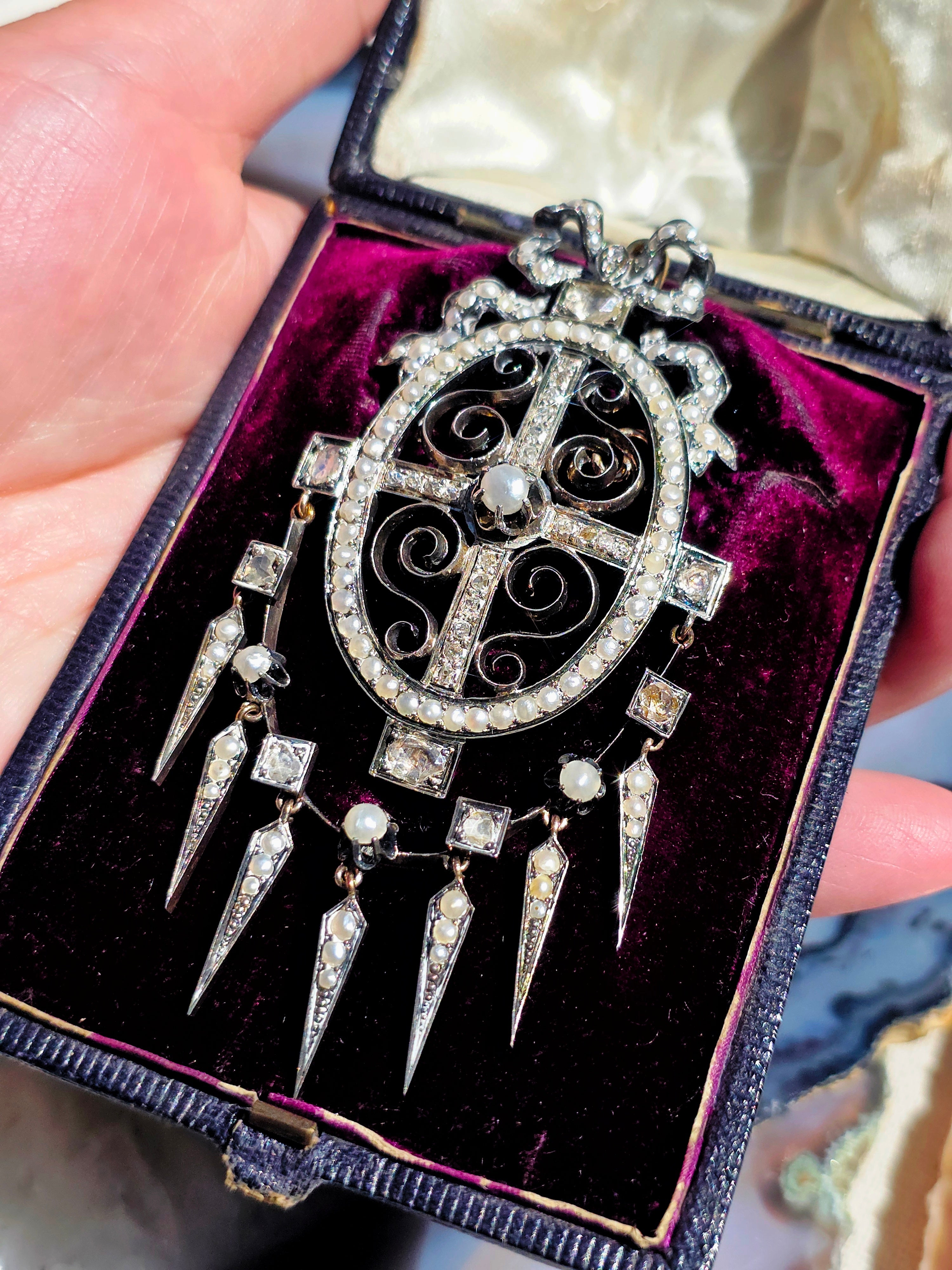 18k Gold & Silver Antique Rose-cut Diamond Pearl Statement Pendant with Tassel Spikes | Indulgems