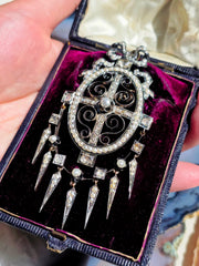 18k Gold & Silver Antique Rose-cut Diamond Pearl Statement Pendant with Tassel Spikes | Indulgems