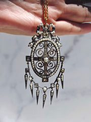 18k Gold & Silver Antique Rose-cut Diamond Pearl Statement Pendant with Tassel Spikes | Indulgems