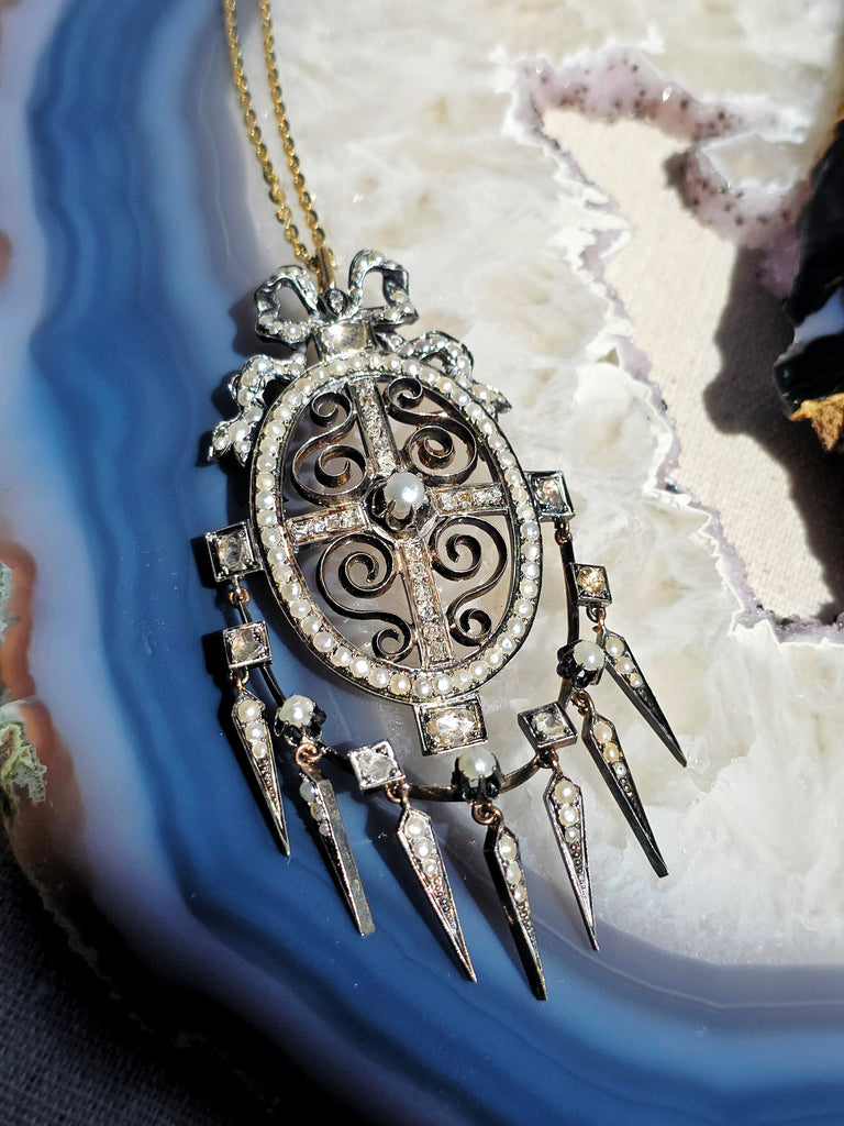 18k Gold & Silver Antique Rose-cut Diamond Pearl Statement Pendant with Tassel Spikes | Indulgems