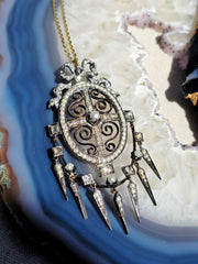 18k Gold & Silver Antique Rose-cut Diamond Pearl Statement Pendant with Tassel Spikes | Indulgems