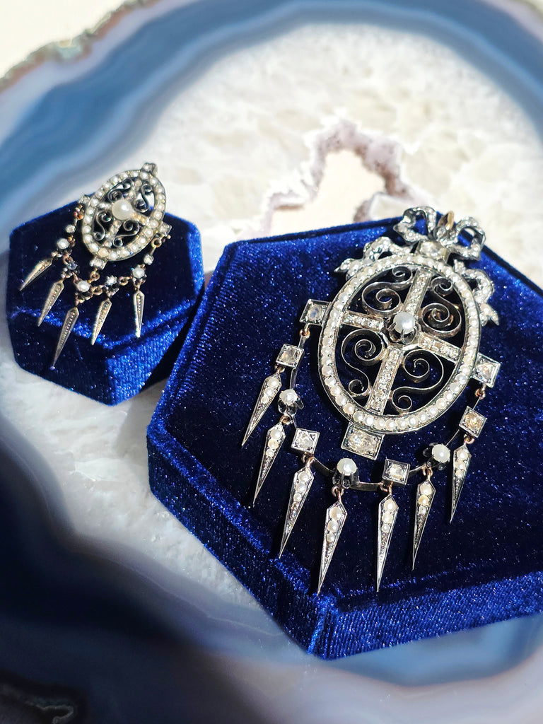 18k Gold & Silver Antique Rose-cut Diamond Pearl Statement Pendant with Tassel Spikes | Indulgems