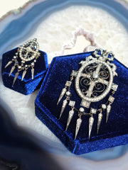 18k Gold & Silver Antique Rose-cut Diamond Pearl Statement Pendant with Tassel Spikes | Indulgems