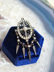 18k Gold & Silver Antique Diamond Pearl Spikey Fringe Pendant | Indulgems