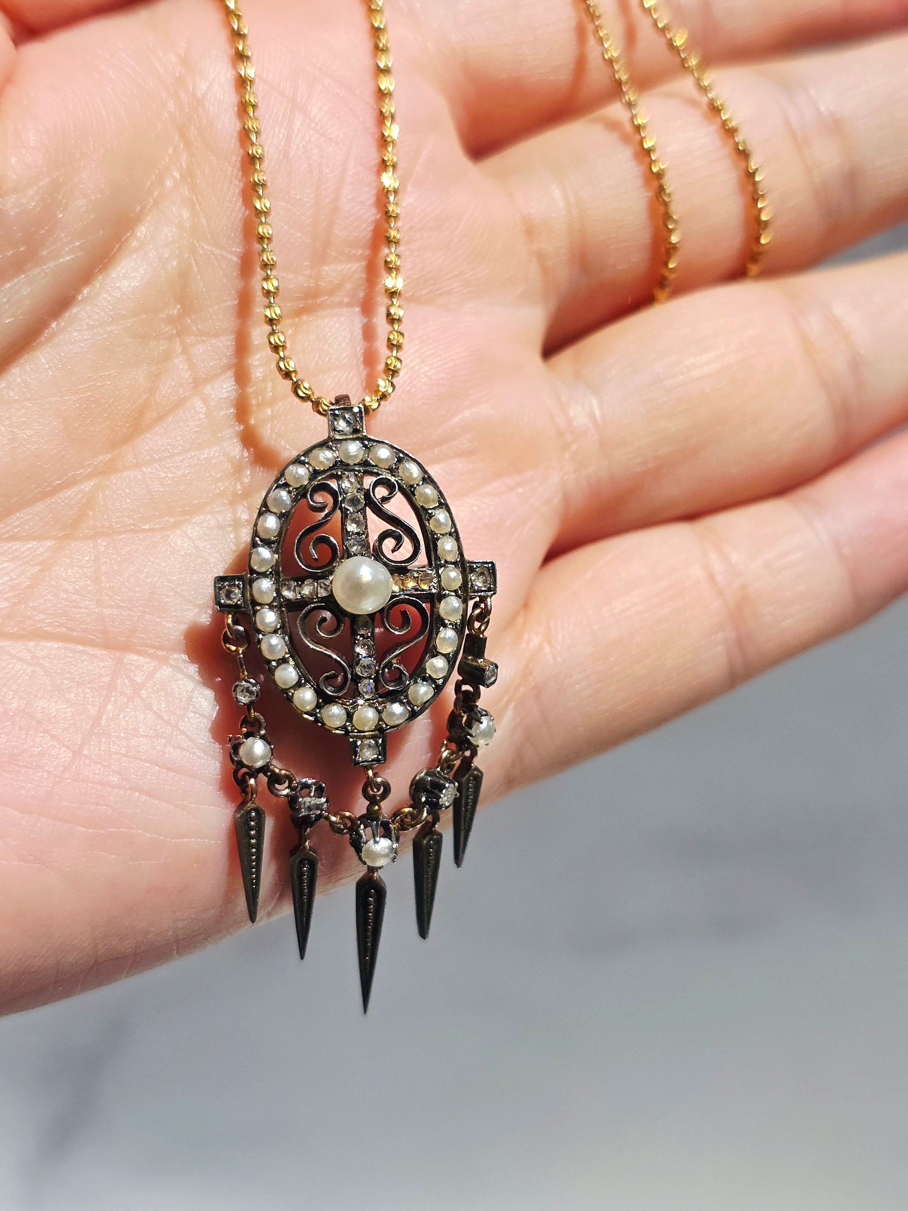 18k Gold & Silver Antique Diamond Pearl Spikey Fringe Pendant | Indulgems