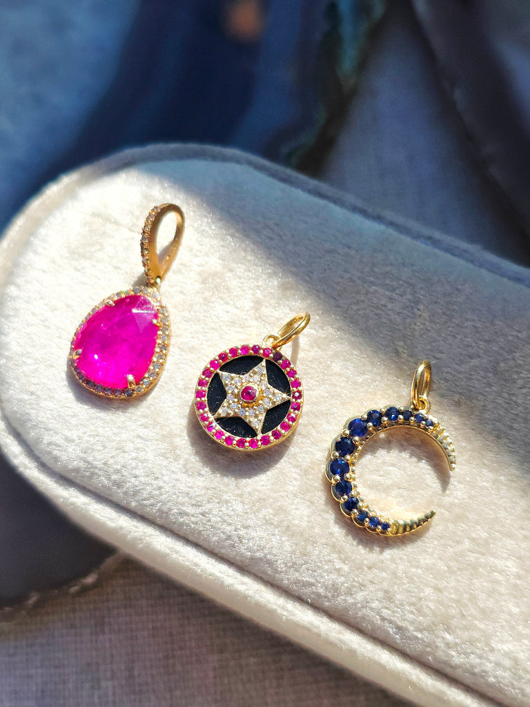 14k Yellow Gold Gemstone Charms in Ruby, Sapphire, Star & CrescentMoon | Indulgems