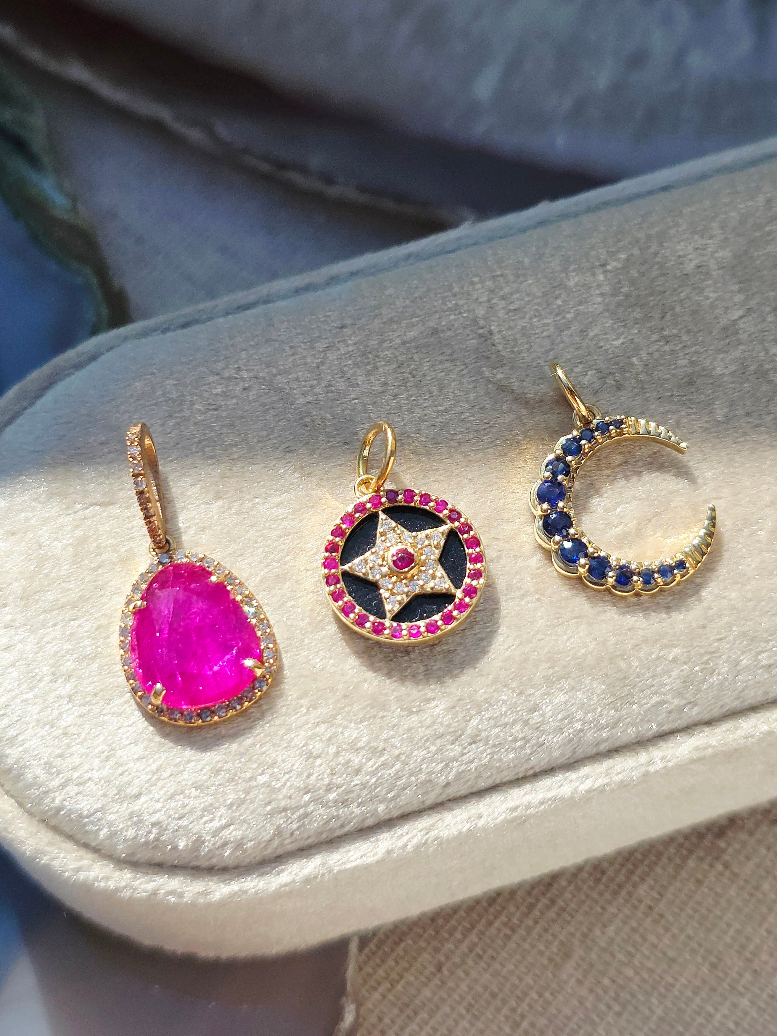 14k Yellow Gold Gemstone Charms in Ruby, Sapphire, Star & CrescentMoon | Indulgems
