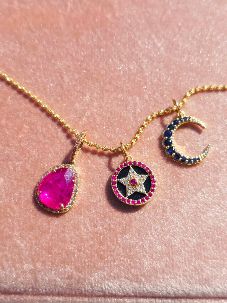 14k Yellow Gold Gemstone Charms in Ruby, Sapphire, Star & CrescentMoon | Indulgems
