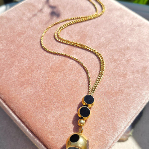 18k Solid Gold Antique Wallet Chain Necklace with Onyx Slides and Pendant |Indulgems