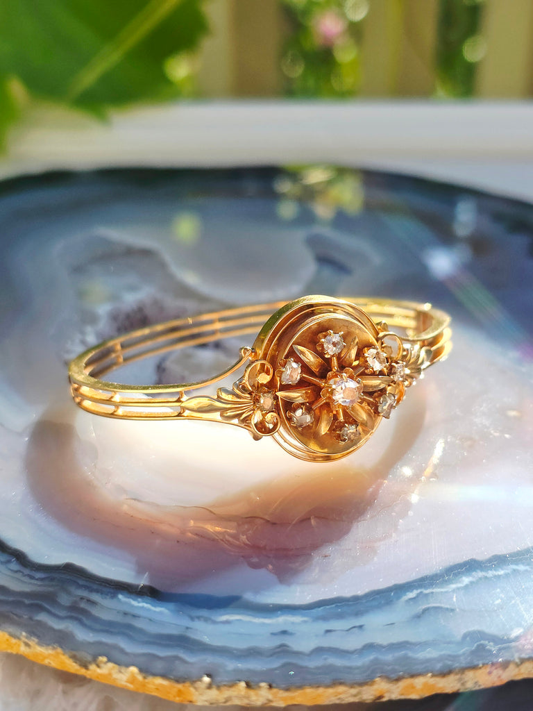18k Solid Gold Antique Spanish Matching Set Rose-Cut Diamond Bangle Bracelet & Brooch Pendant | Indulgems