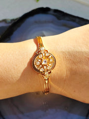 18k Solid Gold Antique Spanish Matching Set Rose-Cut Diamond Bangle Bracelet & Brooch Pendant | Indulgems