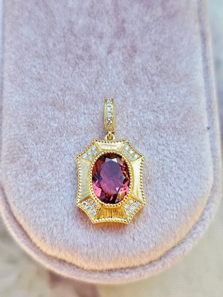 18k Solid Gold Pink Tourmaline & Diamond Shield Pendant | Indulgems