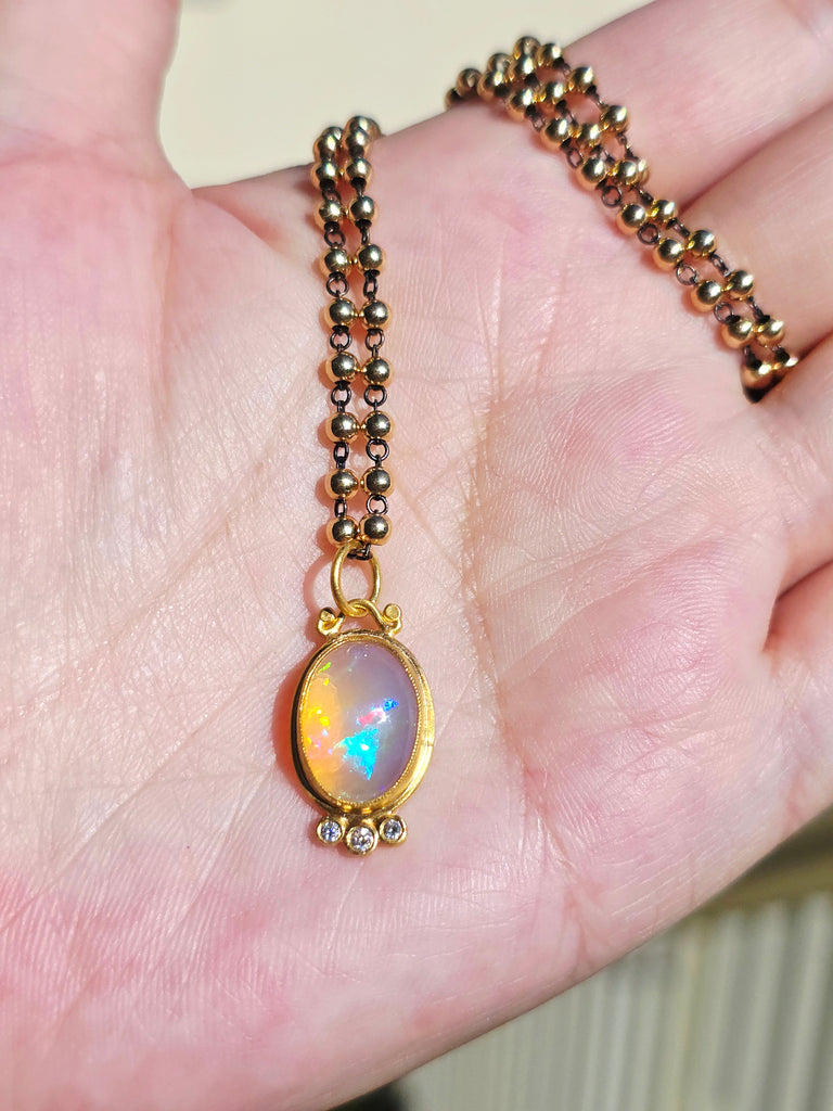 24K Yellow Solid Gold Ethiopian Opal Gemstone Cabochon Diamond Pendant