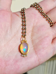 24K Yellow Solid Gold Ethiopian Opal Gemstone Cabochon Diamond Pendant