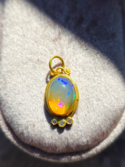 24K Yellow Solid Gold Ethiopian Opal Gemstone Cabochon Diamond Pendant