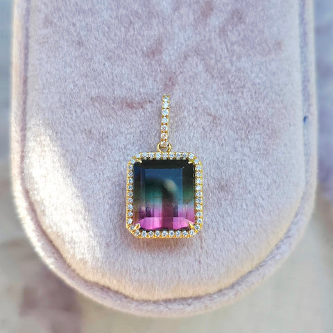 Watermelon Tourmaline & Diamond 18K Gold Gemstone Emerald Cut Pendant