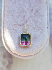 Watermelon Tourmaline & Diamond 18K Gold Gemstone Emerald Cut Pendant