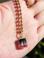 Watermelon Tourmaline & Diamond 18K Gold Gemstone Emerald Cut Pendant