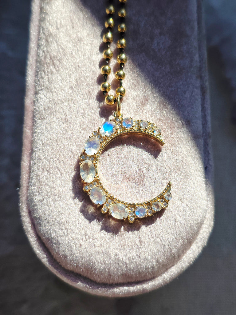 Rainbow Moonstone Gemstone Crescent Moon 14K Yellow Gold Diamond Pendant
