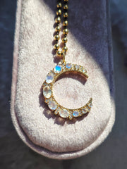 Rainbow Moonstone Gemstone Crescent Moon 14K Yellow Gold Diamond Pendant