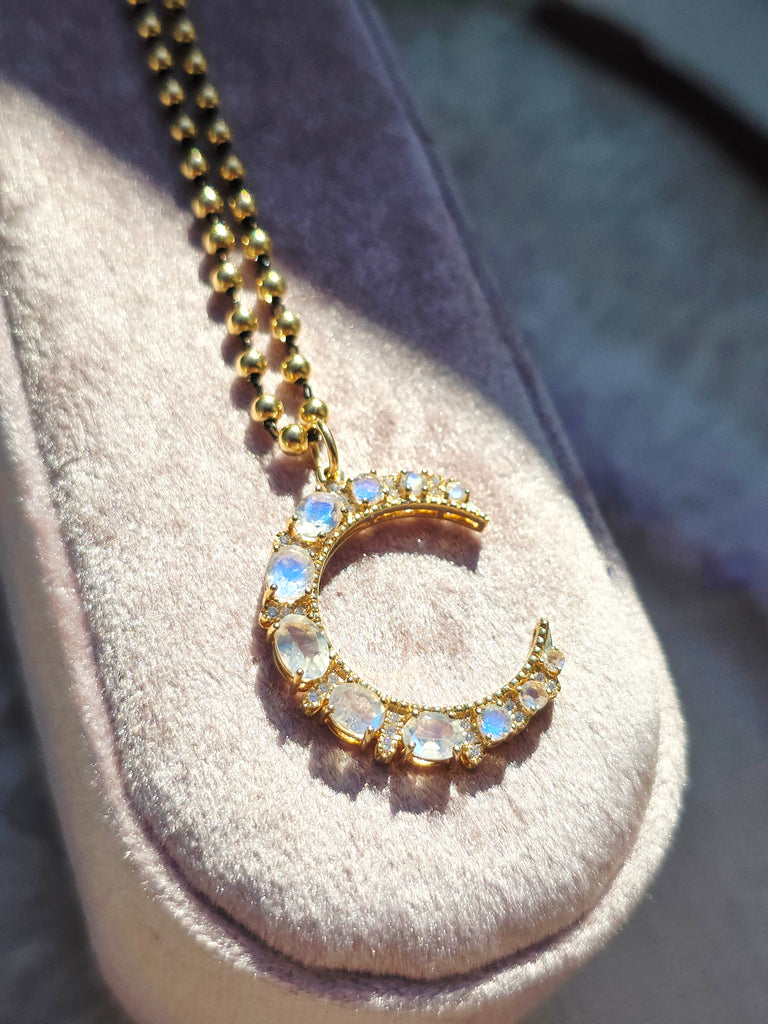 Rainbow Moonstone Gemstone Crescent Moon 14K Yellow Gold Diamond Pendant