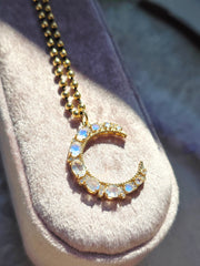 Rainbow Moonstone Gemstone Crescent Moon 14K Yellow Gold Diamond Pendant