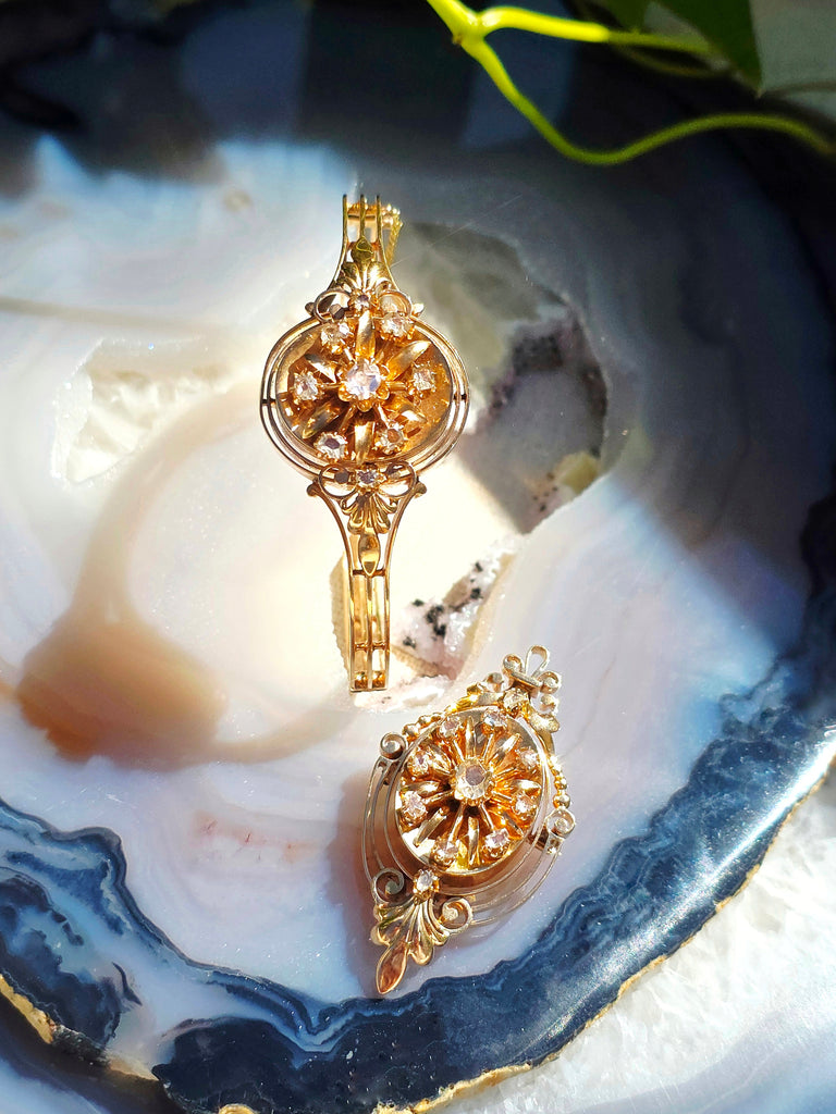18k Solid Gold Antique Spanish Matching Set Rose-Cut Diamond Bangle Bracelet & Brooch Pendant | Indulgems