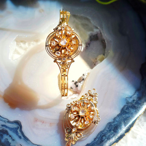 18k Solid Gold Antique Spanish Matching Set Rose-Cut Diamond Bangle Bracelet & Brooch Pendant | Indulgems