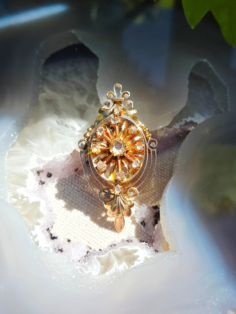 18k Solid Gold Antique Spanish Matching Set Rose-Cut Diamond Bangle Bracelet & Brooch Pendant | Indulgems