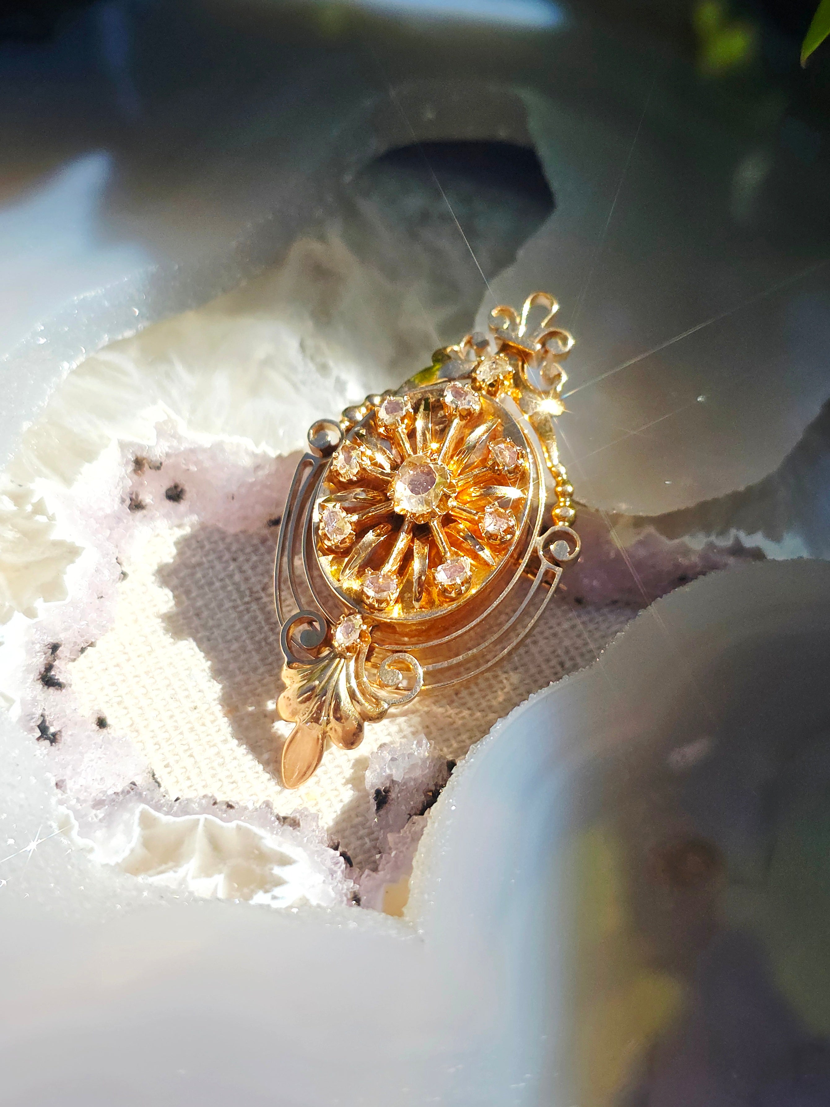 18k Solid Gold Antique Spanish Matching Set Rose-Cut Diamond Bangle Bracelet & Brooch Pendant | Indulgems