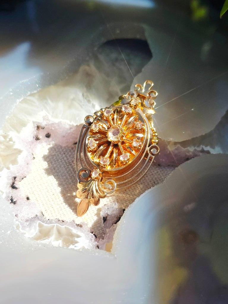 18k Solid Gold Antique Spanish Matching Set Rose-Cut Diamond Bangle Bracelet & Brooch Pendant | Indulgems
