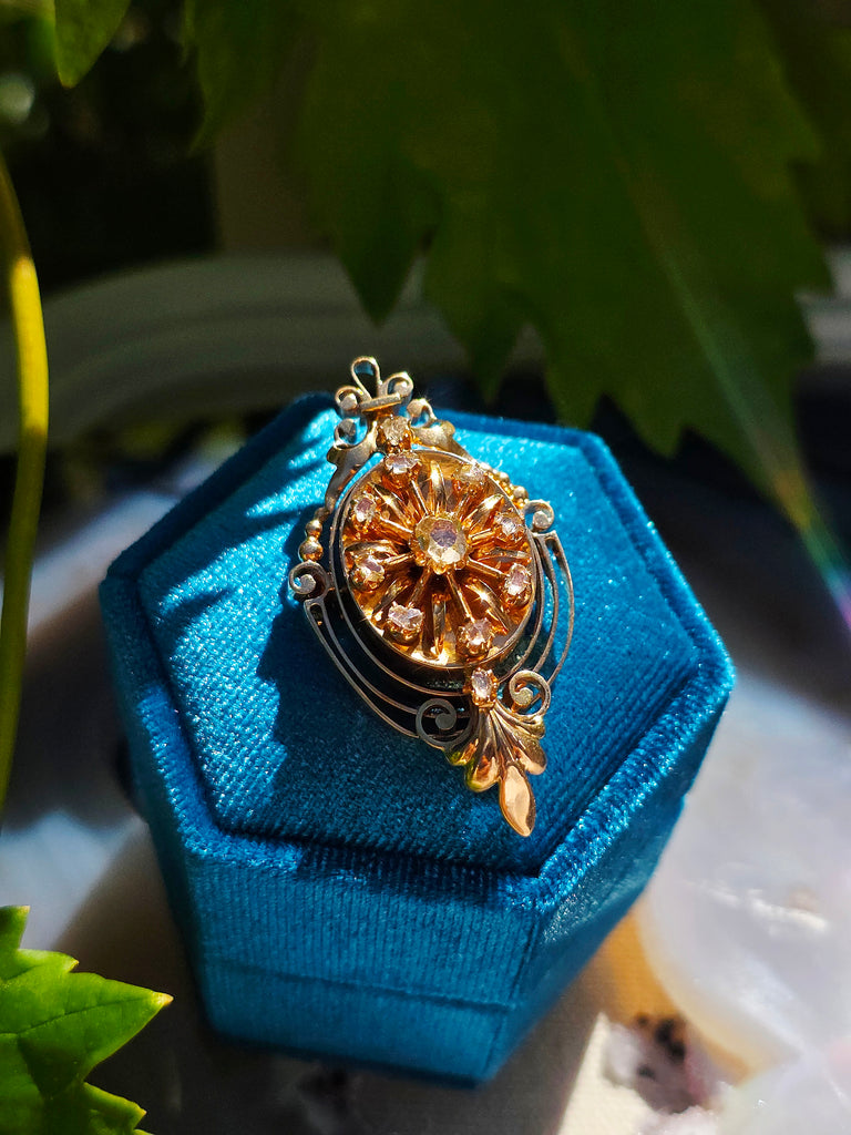 18k Solid Gold Antique Spanish Matching Set Rose-Cut Diamond Bangle Bracelet & Brooch Pendant | Indulgems