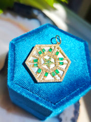 Emerald, Diamond, White Mother of Pearl Star Hexagon Gemstone Pendant 14K Yellow Gold