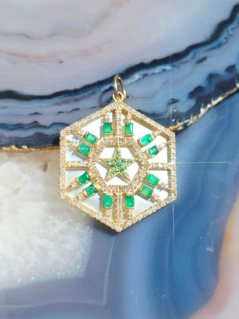 Emerald, Diamond, White Mother of Pearl Star Hexagon Gemstone Pendant 14K Yellow Gold