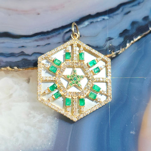 Emerald, Diamond, White Mother of Pearl Star Hexagon Gemstone Pendant 14K Yellow Gold
