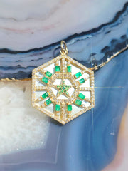 Emerald, Diamond, White Mother of Pearl Star Hexagon Gemstone Pendant 14K Yellow Gold
