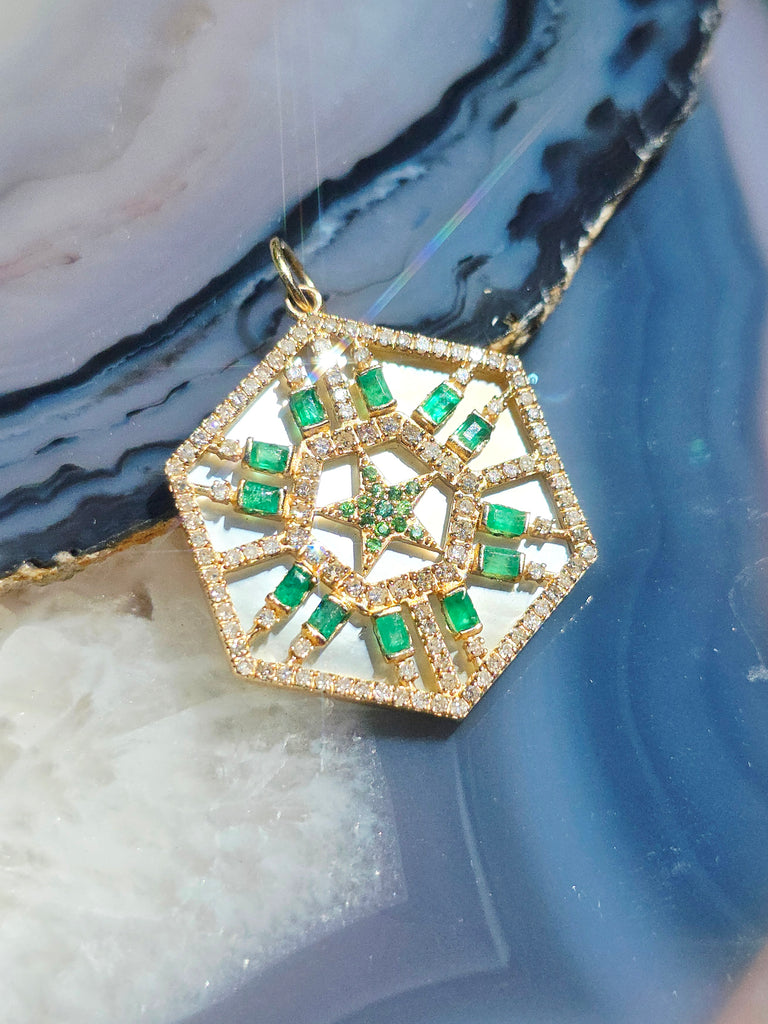 Emerald, Diamond, White Mother of Pearl Star Hexagon Gemstone Pendant 14K Yellow Gold