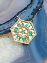 Emerald, Diamond, White Mother of Pearl Star Hexagon Gemstone Pendant 14K Yellow Gold