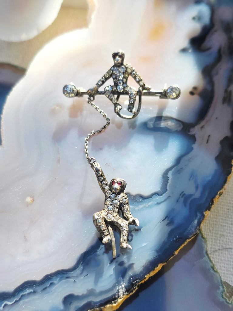 Silver Antique Paste Monkey Dangly Brooch | Indulgems
