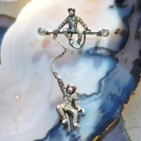 Silver Antique Paste Monkey Dangly Brooch | Indulgems
