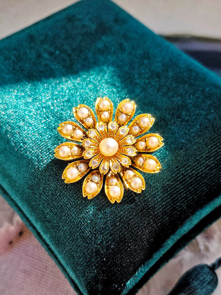 15k Yellow Gold Antique Diamond & Pearl Flower Brooch | Indulgems