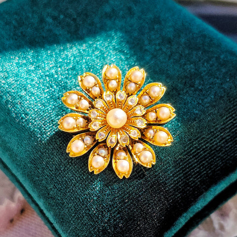 15k Yellow Gold Antique Diamond & Pearl Flower Brooch | Indulgems