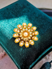 15k Yellow Gold Antique Diamond & Pearl Flower Brooch | Indulgems