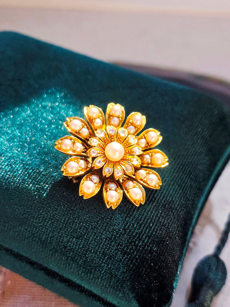 15k Yellow Gold Antique Diamond & Pearl Flower Brooch | Indulgems