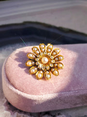 15k Yellow Gold Antique Diamond & Pearl Flower Brooch | Indulgems