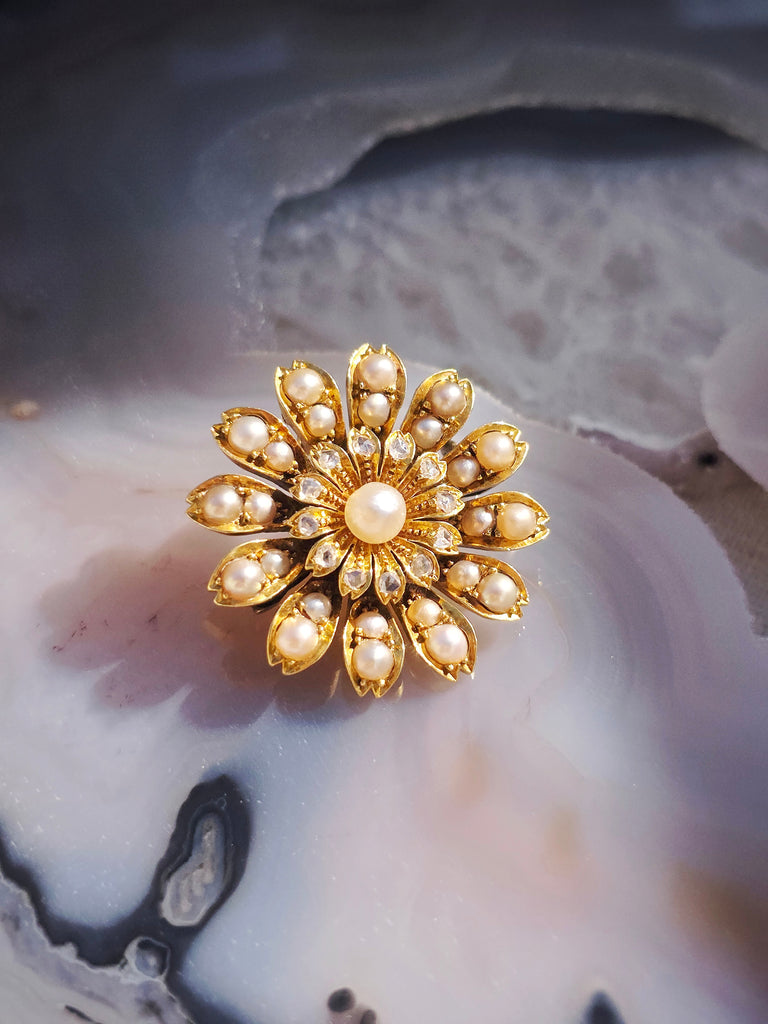 15k Yellow Gold Antique Diamond & Pearl Flower Brooch | Indulgems